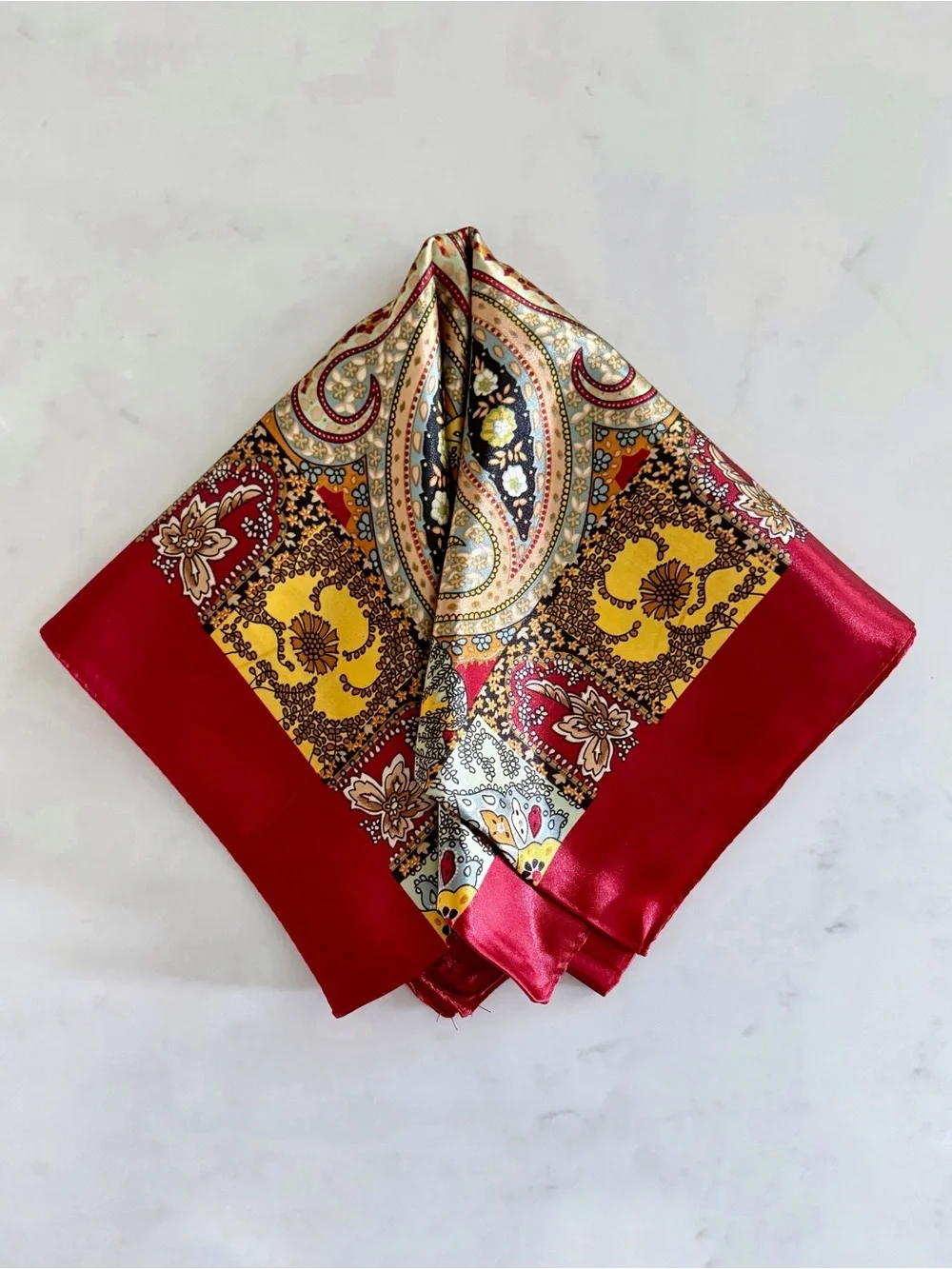 Boho Paisley Print Silky Satin Square Neck Scarf, Red Maroon Burgundy & Gold